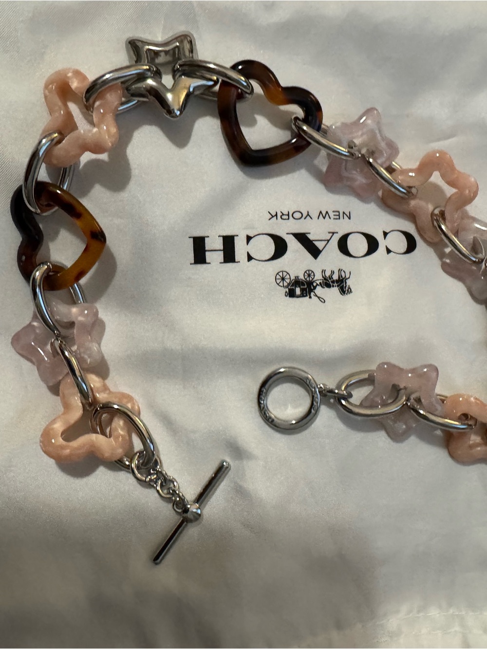 Coach Silver-Tone Chain with Pink and Tortoiseshell Heart & Star Links